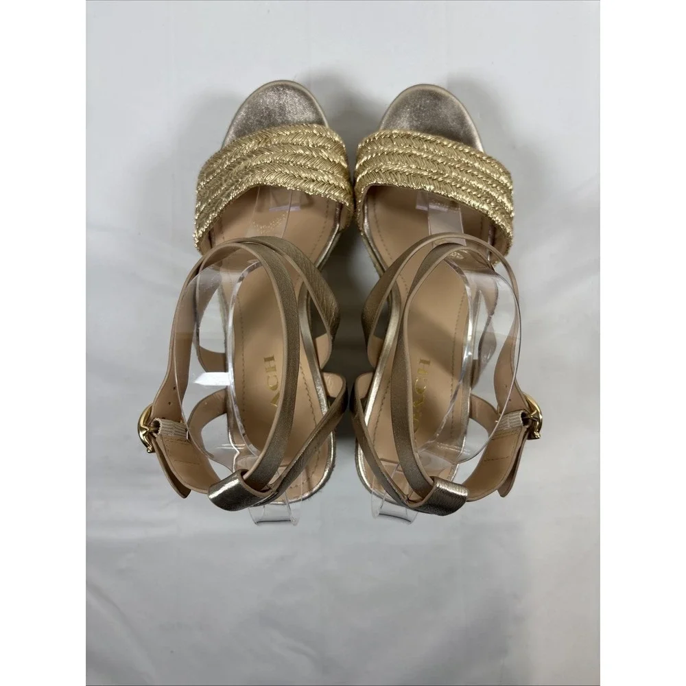 Coach Metallic Gold Braided Espadrille Wedge Sandals